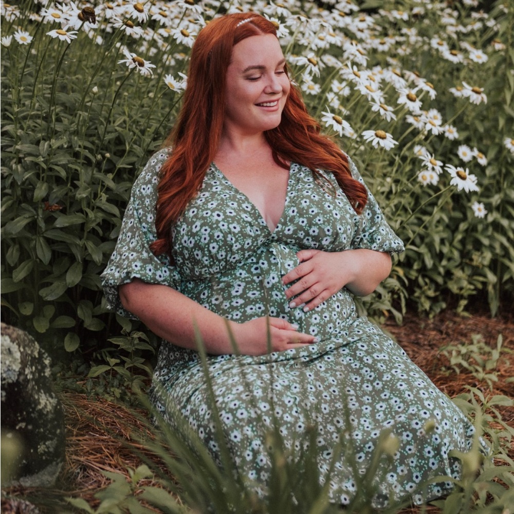 60s Inspired Floral Green Deep-V Neck Dress